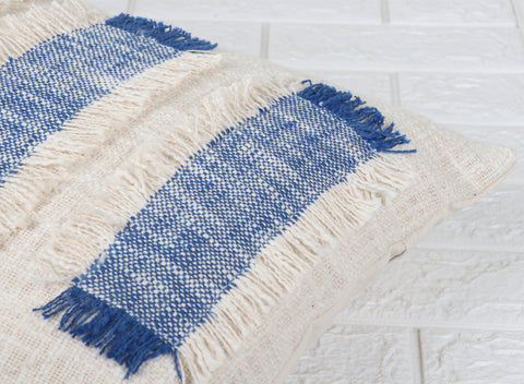 Hand Tufted Texture Boho Ivory and Blue Fringe Cushion Cover