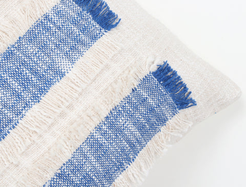 Hand Tufted Texture Boho Ivory and Blue Fringe Cushion Cover