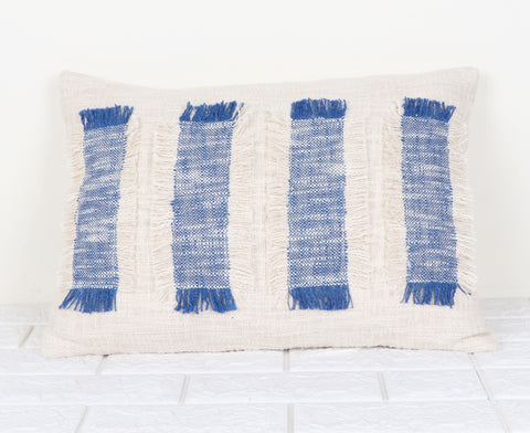 Hand Tufted Texture Boho Ivory and Blue Fringe Cushion Cover