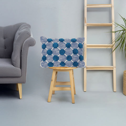 Hand Tufted Texture Boho Blue and White Pom - Pom Cushion Cover