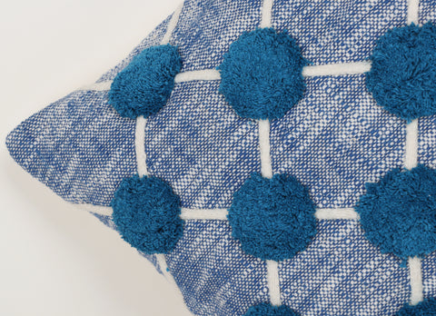 Hand Tufted Texture Boho Blue and White Pom - Pom Cushion Cover