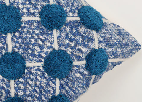 Hand Tufted Texture Boho Blue and White Pom - Pom Cushion Cover