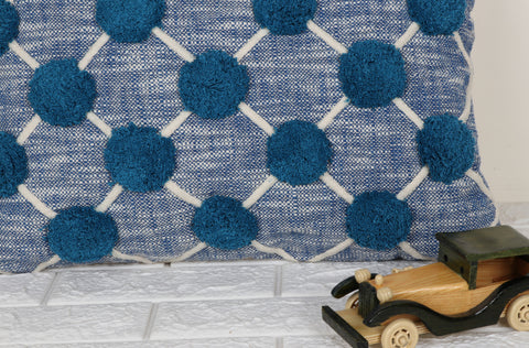 Hand Tufted Texture Boho Blue and White Pom - Pom Cushion Cover