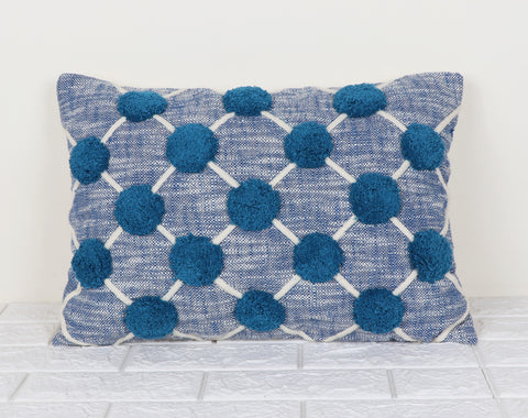 Hand Tufted Texture Boho Blue and White Pom - Pom Cushion Cover