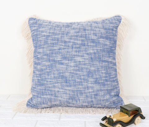 Set Of 3 Blue Abstract Hand loom Chembrey Natural TNT Cotton Fringes Cushion Cover