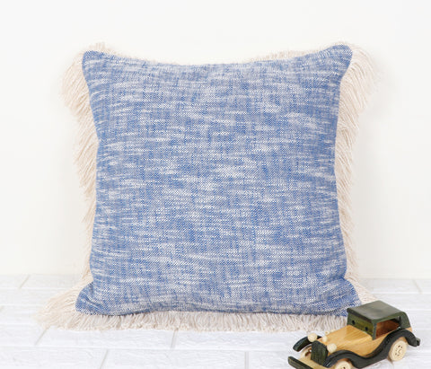Hand Tufted Texture Boho Blue and Ivory Fringe Cushion Cover