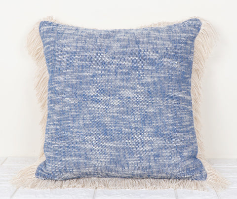 Set Of 3 Blue Abstract Hand loom Chembrey Natural TNT Cotton Fringes Cushion Cover