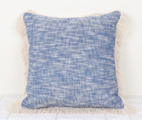 Hand Tufted Texture Boho Blue and Ivory Fringe Cushion Cover