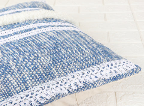 Blue Stripe Hand loom Chembrey Natural TNT Cotton Fringes Cushion Cover