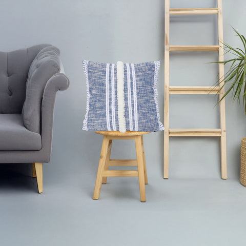 Blue Stripe Hand loom Chembrey Natural TNT Cotton Fringes Cushion Cover