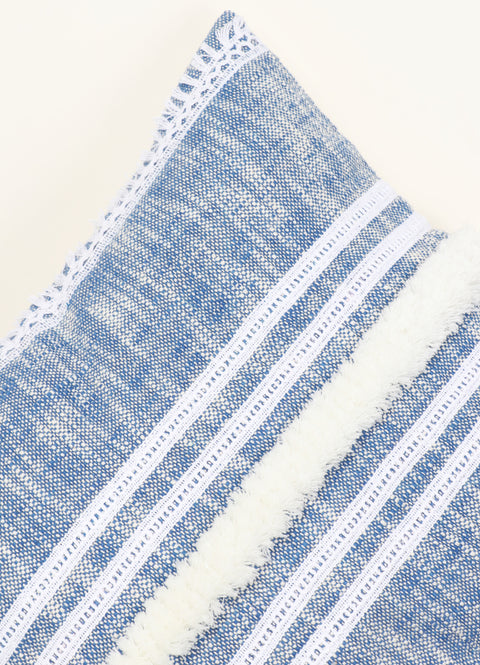 Blue Stripe Hand loom Chembrey Natural TNT Cotton Fringes Cushion Cover