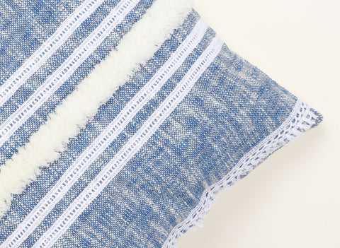 Blue Stripe Hand loom Chembrey Natural TNT Cotton Fringes Cushion Cover
