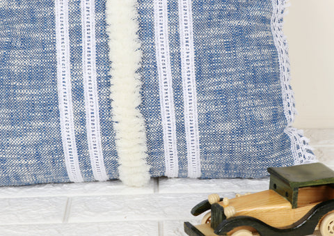 Blue Stripe Hand loom Chembrey Natural TNT Cotton Fringes Cushion Cover