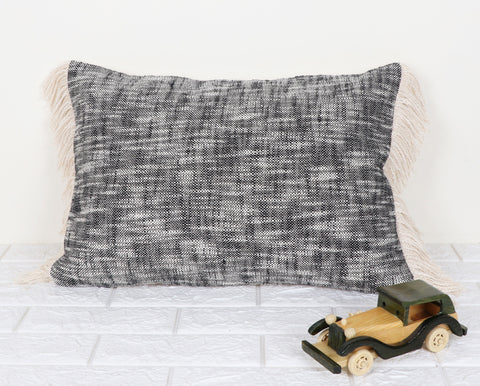 Hand Tufted Texture Boho Black and Ivory Fringe Cushion Cover