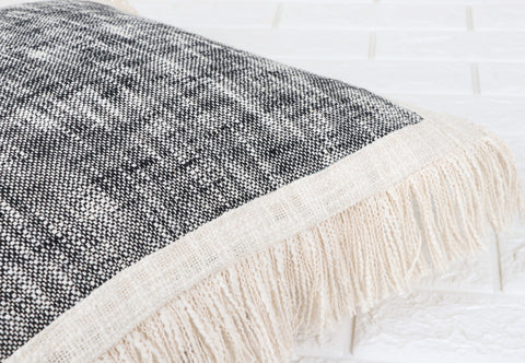 Hand Tufted Texture Boho Black and Ivory Fringe Cushion Cover
