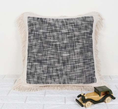 Hand Tufted Texture Boho Black and Ivory Fringe Cushion Cover