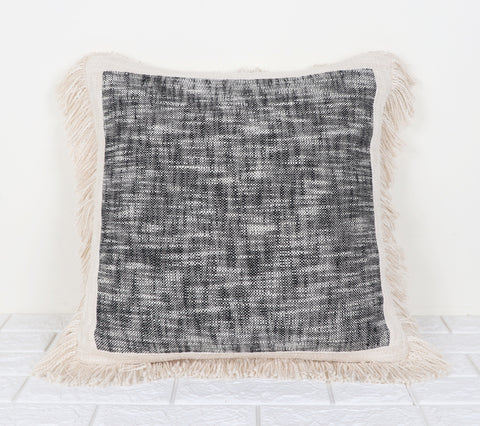 Hand Tufted Texture Boho Black and Ivory Fringe Cushion Cover