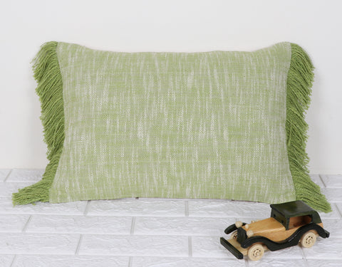 Hand Tufted Texture Boho Green and Ivory Fringe Cushion Cover