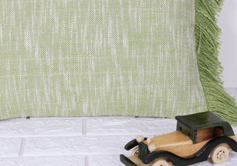 Hand Tufted Texture Boho Green and Ivory Fringe Cushion Cover