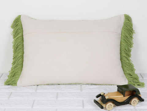 Hand Tufted Texture Boho Green and Ivory Fringe Cushion Cover
