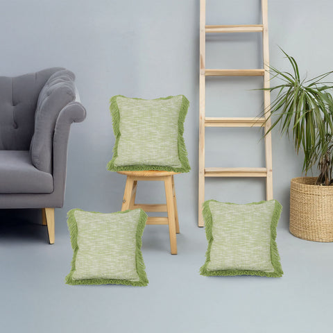 Set Of 3 Hand Tufted Texture Boho Green Ivory Fringe Cushion Cover