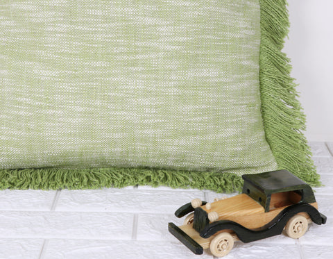 Set Of 2 Hand Tufted Texture Boho Green Ivory Fringe Cushion Cover