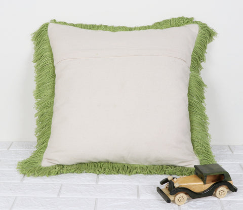Set Of 2 Hand Tufted Texture Boho Green Ivory Fringe Cushion Cover