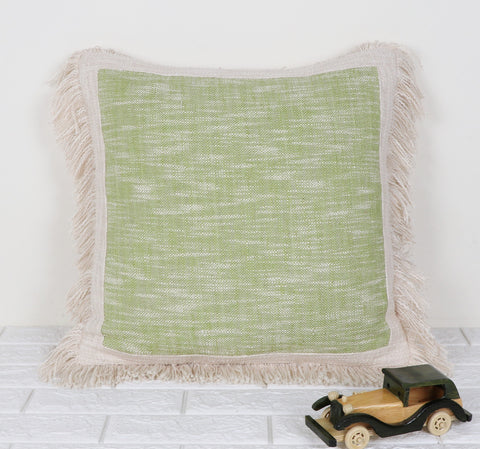 Set Of 2 Green Abstract Hand loom Chembrey Natural TNT Cotton Fringes Cushion Cover