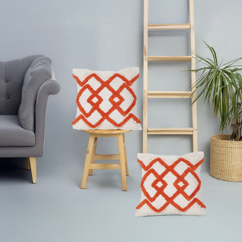 Set Of 2 Hand Tufted Texture Boho Ivory Orange Cushion Cover