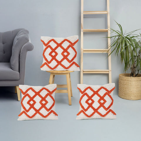 Set Of 3 Hand Tufted Texture Boho Ivory Orange Cushion Cover