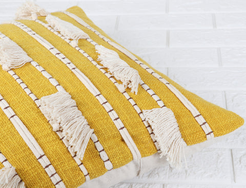 Set Of 2 Hand Tufted Texture Boho Yellow Ivory Cushion Cover