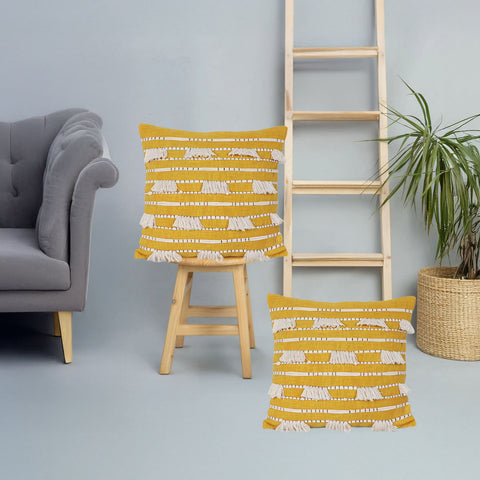 Set Of 2 Hand Tufted Texture Boho Yellow Ivory Cushion Cover