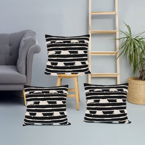 Set Of 3 Hand Tufted Texture Boho Black Ivory Cushion Cover