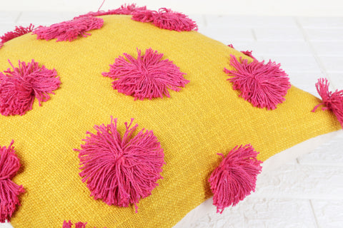 Hand Tufted Texture Boho Yellow and Pink Cushion Cover