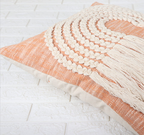 Set Of 3 Hand Tufted Crewel Texture Boho Ivory Orange Fringe Cushion Cover