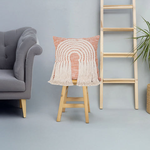 Set Of 3 Hand Tufted Crewel Texture Boho Ivory Orange Fringe Cushion Cover