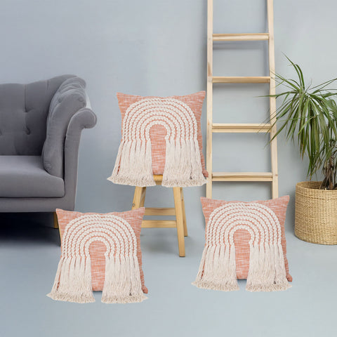 Set Of 3 Hand Tufted Crewel Texture Boho Ivory Orange Fringe Cushion Cover