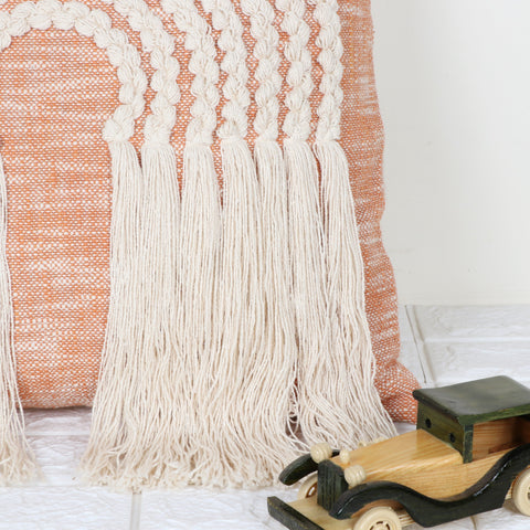 Set Of 3 Hand Tufted Crewel Texture Boho Ivory Orange Fringe Cushion Cover