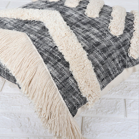 Set Of 3 Hand Tufted Texture Boho Black Ivory Cushion Cover