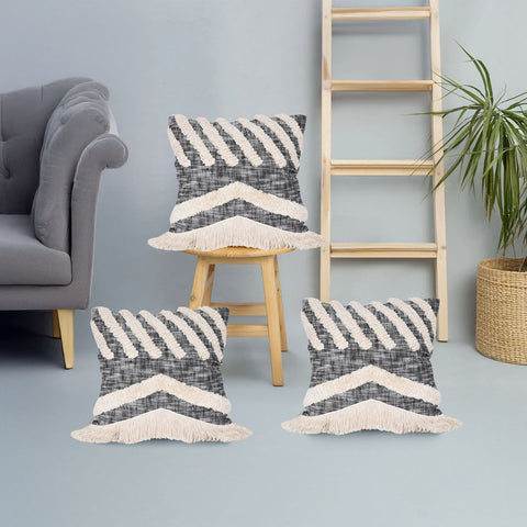 Set Of 3 Hand Tufted Texture Boho Black Ivory Cushion Cover