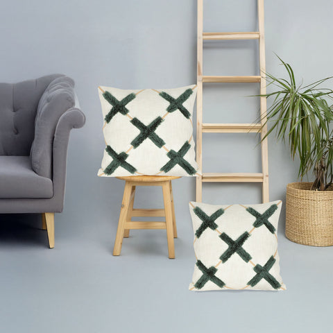 Set Of 2 Hand Tufted Boho Ivory Black Cushion Cover