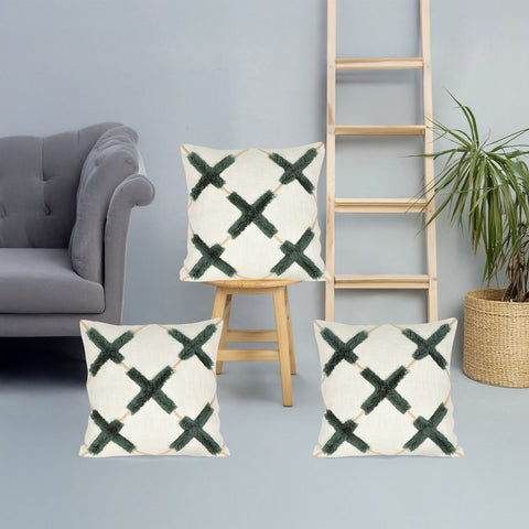 Set Of 3 Hand Tufted Boho Ivory Black Cushion Cover