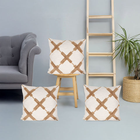 Set Of 3 Hand Tufted Boho Ivory Yellow Cushion Cover