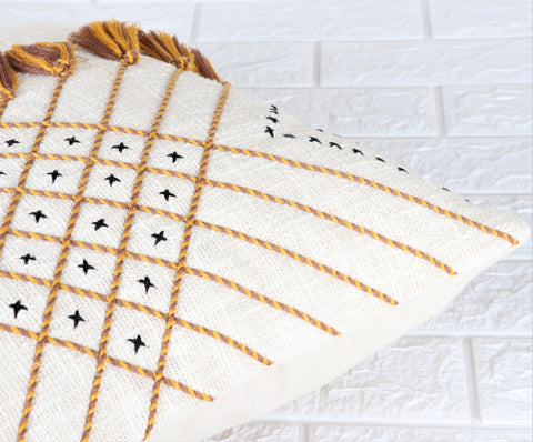 Hand Tufted Boho Ivory and Mustard Yellow Cushion Cover