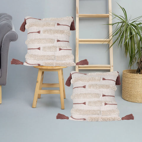 Set Of 2 Tufted Texture Boho Ivory Brown Fringe Cushion Cover